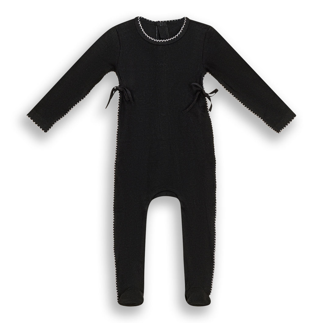 Picot Stitch Ribbed Footie Black with Side Bows